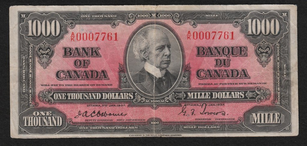 Canadian Thousand Dollar Bills: 1937 Thousand Dollar Bill