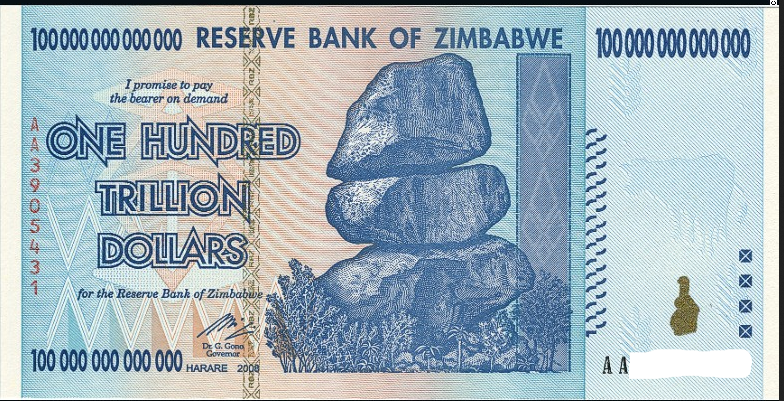 Inflation or Deflation. Zimbabwe one hundred trillion dollars