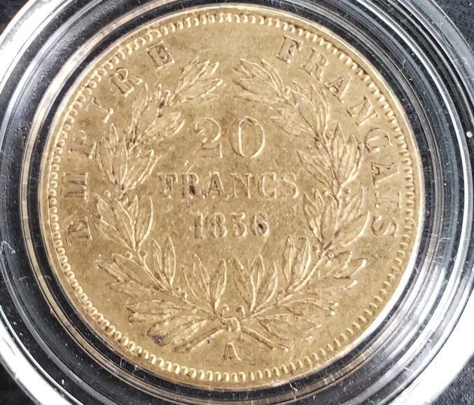 1856 20 Franc Gold Napoleon III Coin laurel Wreath