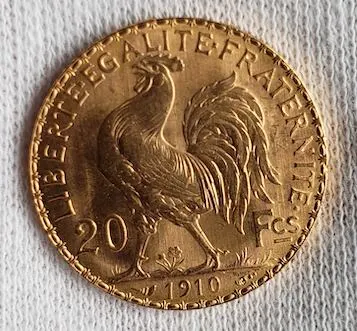1910 20 Franc Gold Rooster Coin
